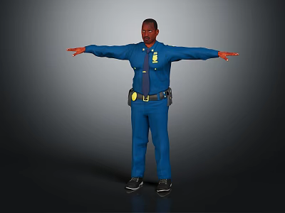 Police Officer in Blue Uniform Standing with Arms Outstretched Against Dark Background 3d model