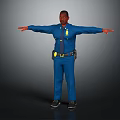 Police Officer in Blue Uniform Standing with Arms Outstretched Against Dark Background