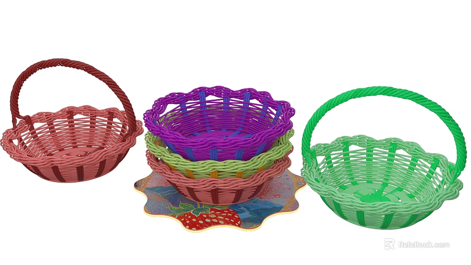 Colorful Woven Tableware Basket Set With Assorted Colors And Strawberry Pattern Mat 3d model 