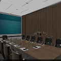 Modern Conference Room Interior With Long Wooden Table Gray Chairs And Blue Projection Screen