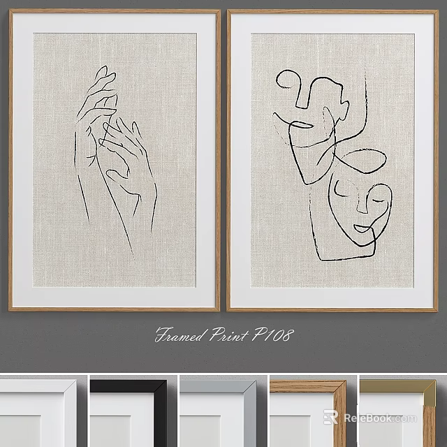 Framed Line Art Prints With Hands And Face Design On Linen Background Wooden Frame 3d model 