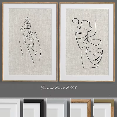 Framed Line Art Prints With Hands And Face Design On Linen Background Wooden Frame 3d model