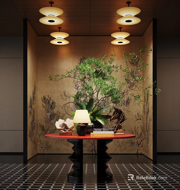 Elegant Hotel Lobby Interior With Warm Lighting Large Green Plant Red Table And Decorative Ornaments 3d model 