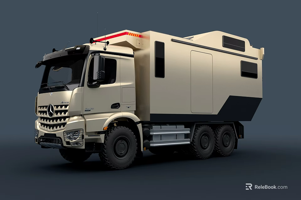 Off Road Functional Vehicle With Beige Black Body Six Wheels Camping Design Red Roof Lights 3d model 