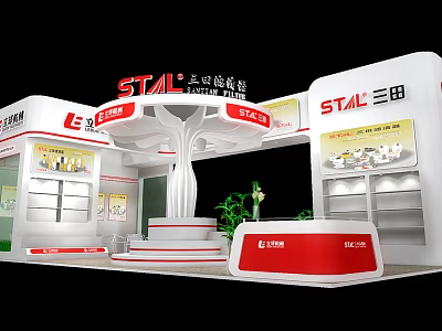 STAL Red And White Exhibition Booth With Display Cabinets Reception Counter And Green Plants 3d model