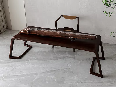 Traditional Chinese Musical Instrument on Wooden Table with Modern Interior Chair and Green Plant 3d model