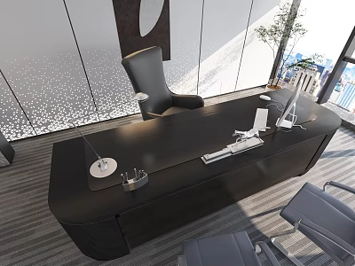Modern Black Office Desk with Lamp Pen Holder Black Chair by Window City View and Plant 3d model