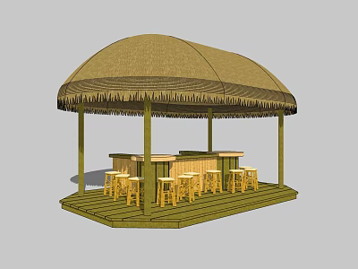 Relaxing Outdoor Thatched Roof Gazebo Featuring Wooden Bar Counter And Stools 3d model