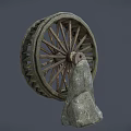 Vintage Garden Decor Piece With Old Wooden Wheel and Stone Accent