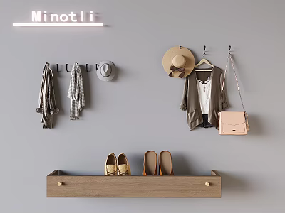 Stylish Wall Hooks on Gray Wall with Scarves Hat Coat Handbag Wooden Shelf and Shoes 3d model
