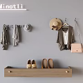 Stylish Wall Hooks on Gray Wall with Scarves Hat Coat Handbag Wooden Shelf and Shoes