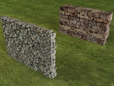 Natural Stone Garden Wall Design With Different Textures And Grassy Background 3d model