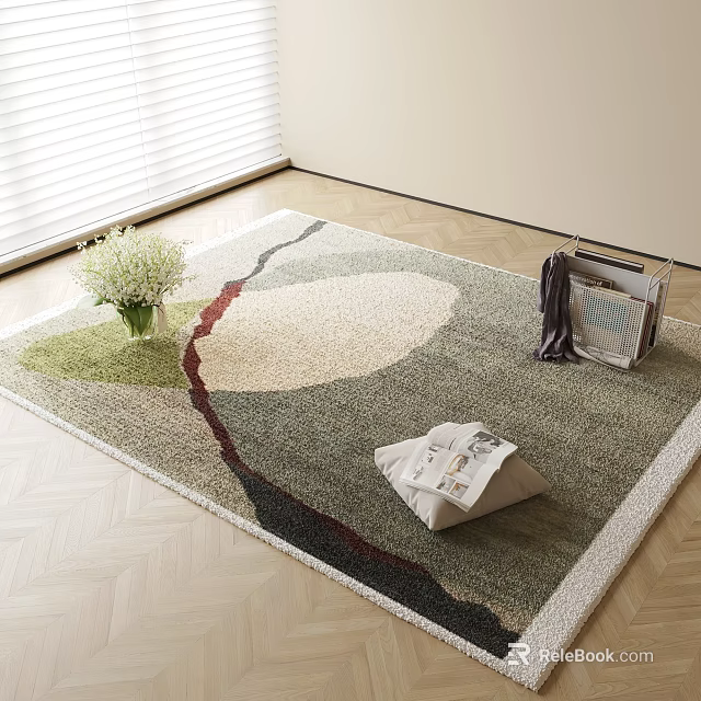 Square Rug With Geometric Pattern On Wooden Floor Featuring Newspaper Vase And Folded Clothes 3d model 