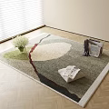 Square Rug With Geometric Pattern On Wooden Floor Featuring Newspaper Vase And Folded Clothes