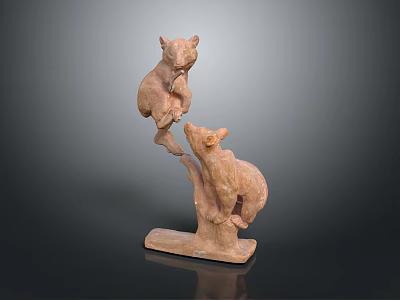 Stone Bear Sculpture With Two Interacting Bears On Branch And Base 3d model