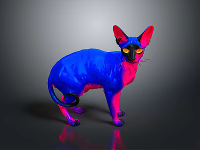 Hairless Cat With Blue And Pink Gradient Fur And Yellow Eyes On Dark Background 3d model