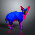 Hairless Cat With Blue And Pink Gradient Fur And Yellow Eyes On Dark Background