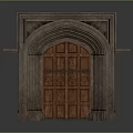 Arched Stone Entry Gate With Carved Wooden Door And Intricate Decorative Frame