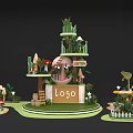 Enchanted Fantasy Scene With Multi Level Platform Mushroom Plants And LOGO Sign