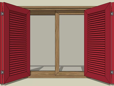 Open Red Wooden Shutters On Double Windows For Classic Home Interior 3d model