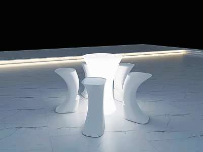 Modern White Bar Counter With Curved Stools Marble Floor And Ambient Lighting 3d model