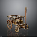 Vintage Handcrafted Wooden Cart Featuring Spoked Wheels Handle And Cargo Bed
