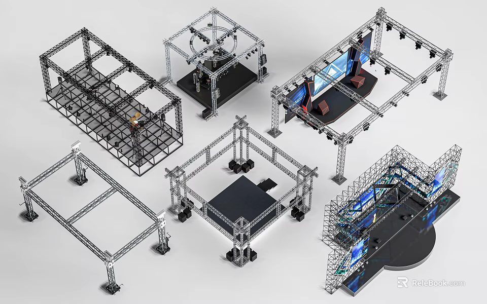 Various Modular Building Components Featuring Metal Frames Platforms Wheels And Screens 3d model 