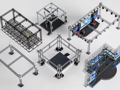Various Modular Building Components Featuring Metal Frames Platforms Wheels And Screens 3d model