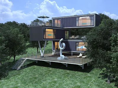 Modern Container Vacation Home Design in Forest Setting with Terrace and Outdoor Stairs 3d model