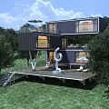 Modern Container Vacation Home Design in Forest Setting with Terrace and Outdoor Stairs