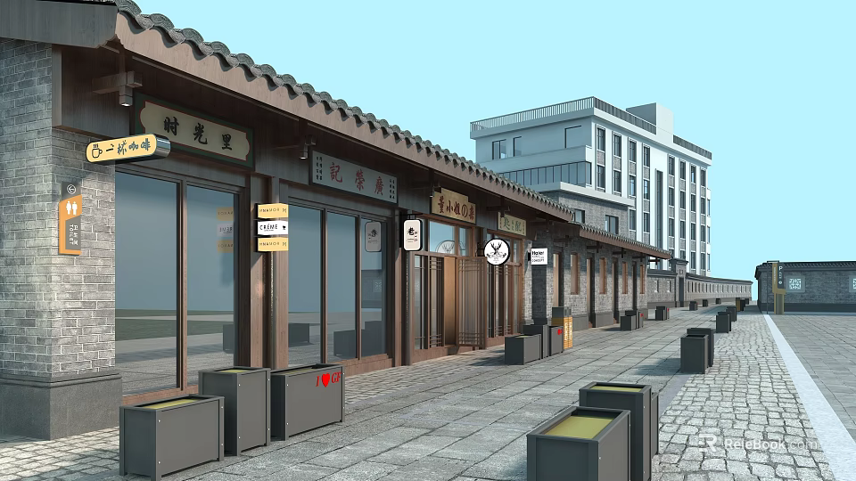 Traditional Style Commercial Street With Storefronts Stone Paved Path And Trash Bins 3d model 