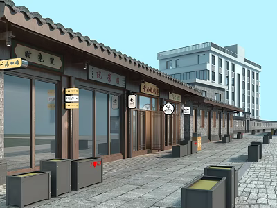 Traditional Style Commercial Street With Storefronts Stone Paved Path And Trash Bins 3d model