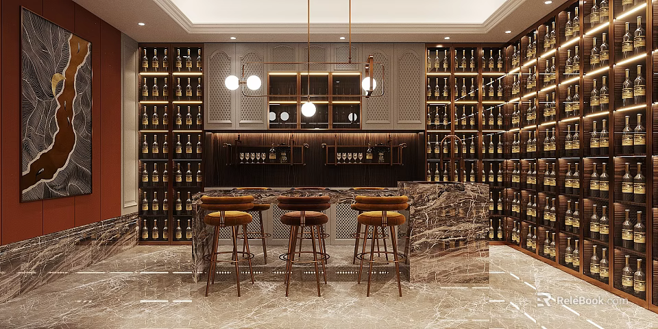 Luxurious Wine Cellar Interior With Marble Bar Stools And Wine Racks 3d model 
