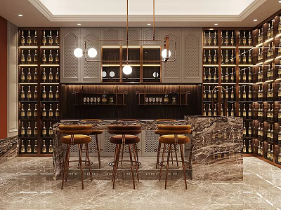 Luxurious Wine Cellar Interior With Marble Bar Stools And Wine Racks 3d model