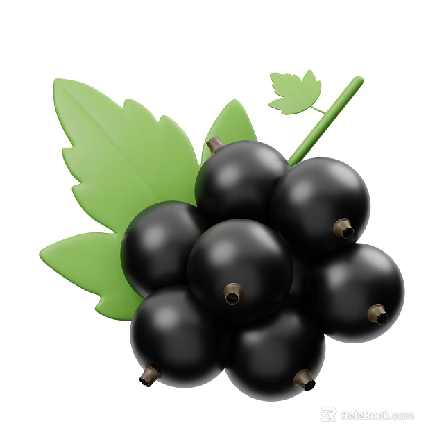 Vibrant Fresh Ripe Blackcurrant Berries With Green Leaves And Stems 3d model 