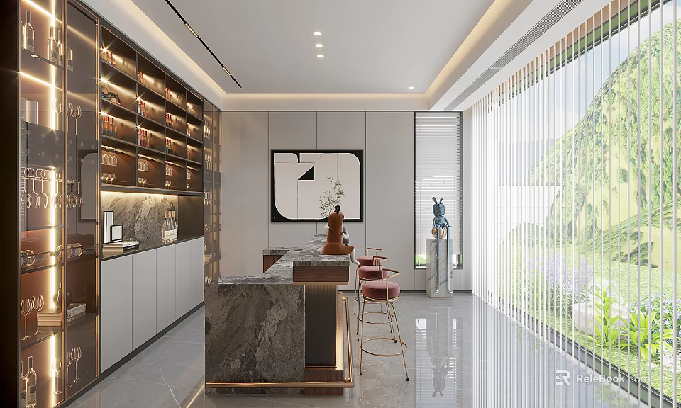 Modern Interior Design With Marble Counter Red Bar Stools Open Shelves And Green Plants 3d model 