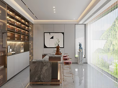 Modern Interior Design With Marble Counter Red Bar Stools Open Shelves And Green Plants 3d model