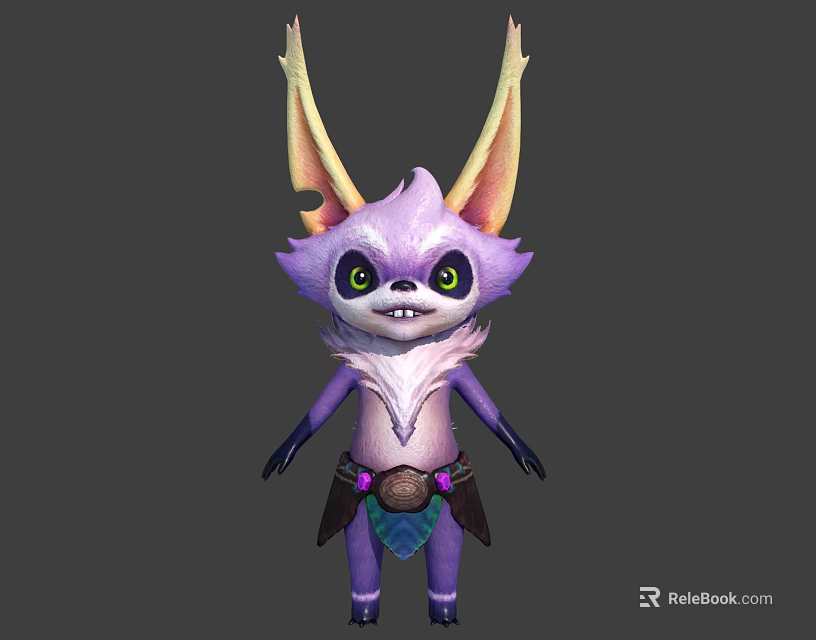 3D Fantasy Creature Character With Big Ears Purple Body White Fur And Decorative Outfit 3d model 