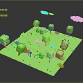 3D Low Poly Scene With Green Grass Trees White Clouds And Small Animals 3d model
