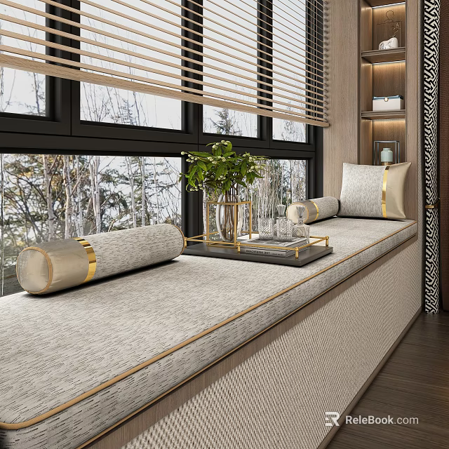 Modern Bay Window Cabinet With Cushioned Seat Potted Plant And Scenic View 3d model 