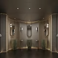 Modern Minimalist Public Bathroom With Dark Full Height Partition Stalls And Recessed Ceiling Lights