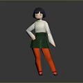 Woman with black short hair wearing white top green skirt red tights and black shoes