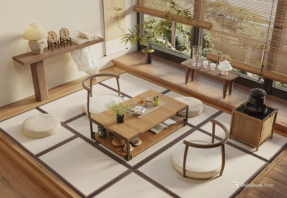 Traditional Zen Tea Room Interior With Tatami Mat Wooden Furniture Tea Sets And Bamboo Blinds 3d model 