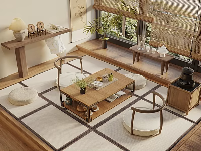 Traditional Zen Tea Room Interior With Tatami Mat Wooden Furniture Tea Sets And Bamboo Blinds 3d model