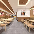 Restaurant Interior With Service Counter Washbasin Tables Chairs Menu Boards Wooden Ceiling And Pendant Lights