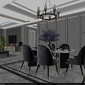 Modern Dining Living Room Interior With Gray Chairs Purple Flowers Chandelier And Marble Floor