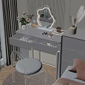 Elegant Light Gray Dressing Table With LED Mirror Flowers And White Stool 3d model