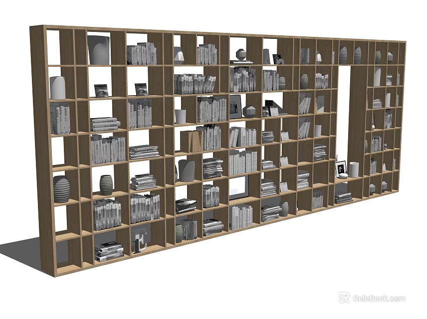 Sleek Wooden Bookcase With Open Shelves Filled With Books And Decor 3d model 