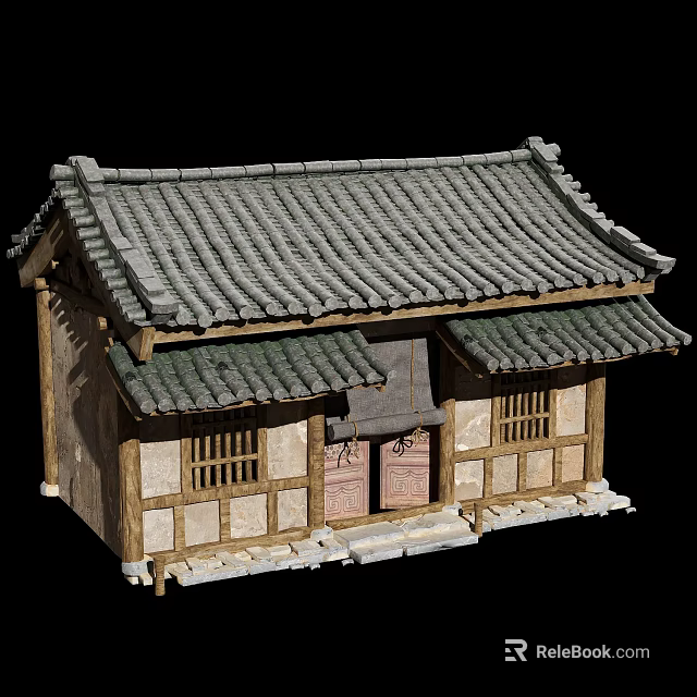 Ancient Architecture With Traditional Tile Roof Wooden Structure Lattice Windows And Stone Steps 3d model 