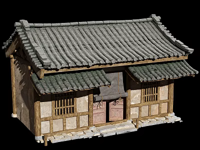 Ancient Architecture With Traditional Tile Roof Wooden Structure Lattice Windows And Stone Steps 3d model